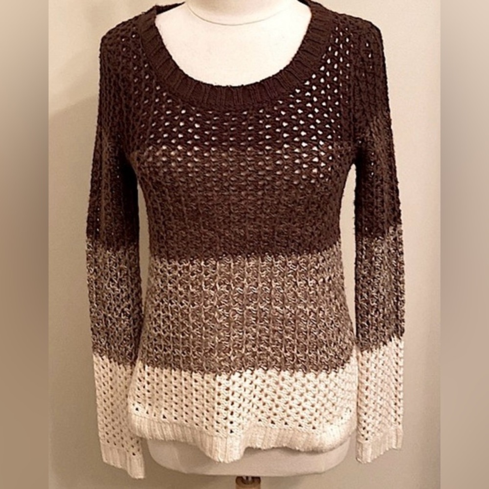 Signature Studio Brown Cream Color Block SZ L Cottagecore Crochet Knit Sweater